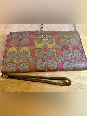 New Coach Large Phone Wallet in Rainbow Signature Canvas (Style No. C1872)